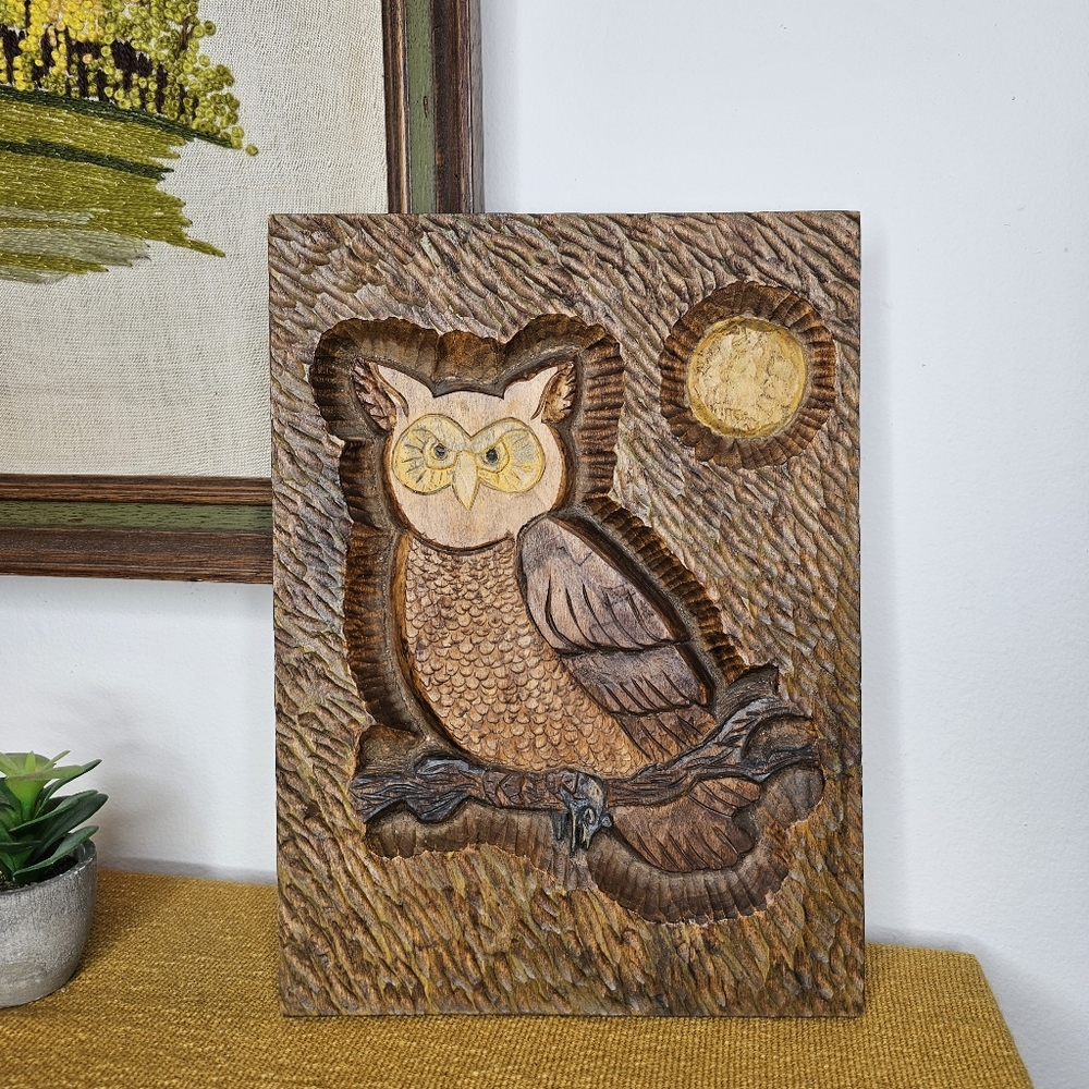 VTG Hand Carved Wood Owl Wall Hanging